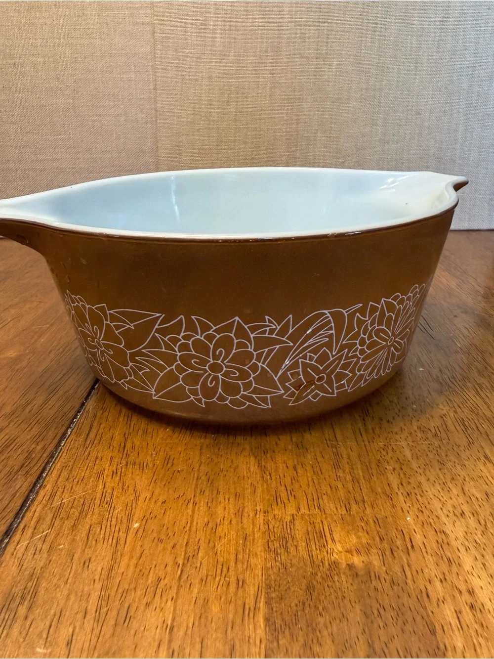 Pyrex Vintage-style Brown Floral Casserole Dish - White Interior